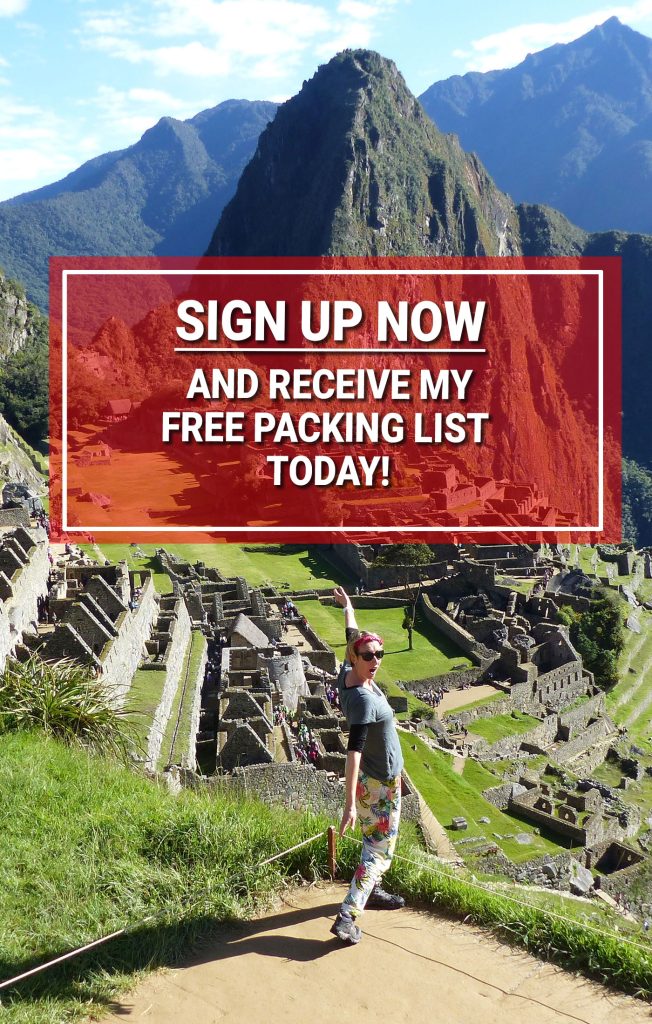 A blonde woman standing overlooking Machu Picchu pointing at the ruins below with a large red box and white text overlay
