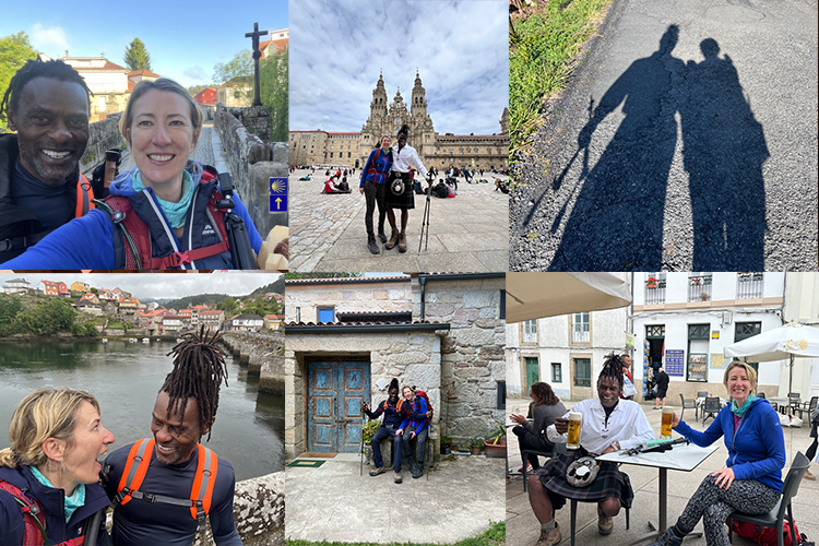 A Montage of photos featuring a blonde woman and black man in hiking attire standing by a brick wall overlooking a river